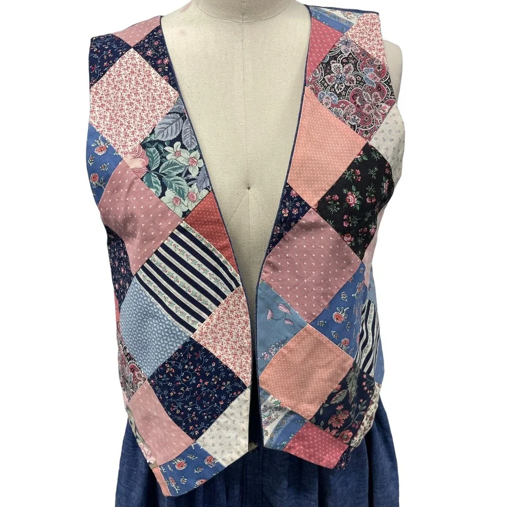 Handmade‎ Dress Skirt Vest Denim Patchwork Blue Pink - Picture 2 of 4
